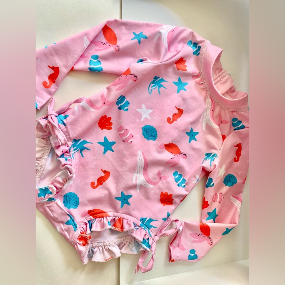 Besser Bay Marine Ocean Theme Long Sleeve Girl’s One Piece Pink Swimsuit 6-12mn